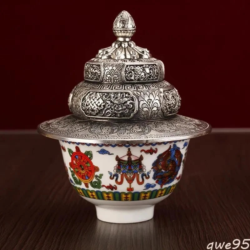 Alloy Tantric Holy Water Cup Buddhist Tea Rack Eight Auspicious Porcelain Bowl 07FC0E-D4 - KOEEK