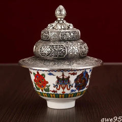 Alloy Tantric Holy Water Cup Buddhist Tea Rack Eight Auspicious Porcelain Bowl 07FC0E-D4 - KOEEK