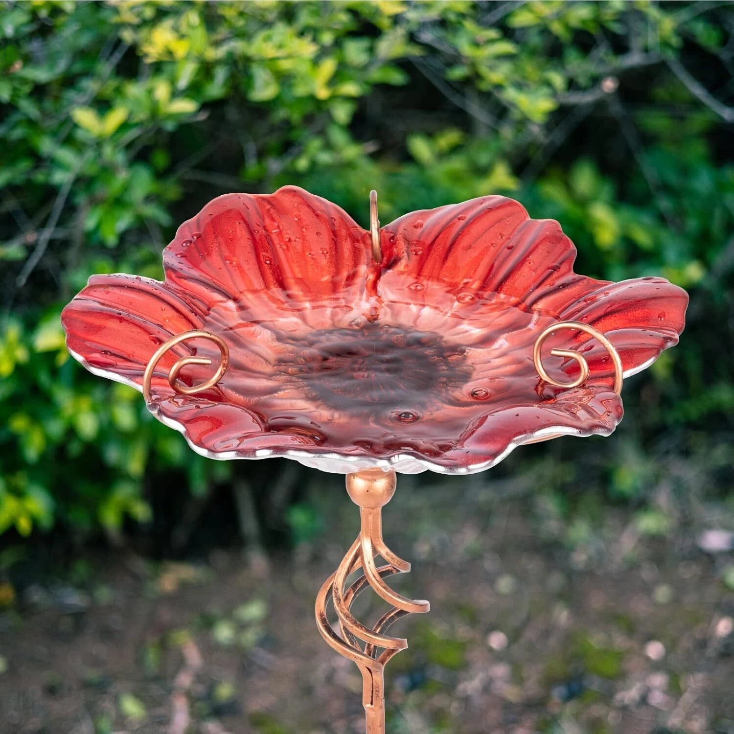 31 Inch Tall Glass Bird Pond Feeder with Metal Stake Garden Patio Outdoor Red 07FC0E-D4 - KOEEK