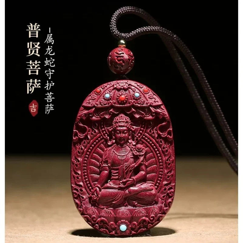 Natural Cinnabar Handcarved Twelve Zodiac Buddha Statue Pendant Amulet Necklace 07FC0E-D4 - KOEEK