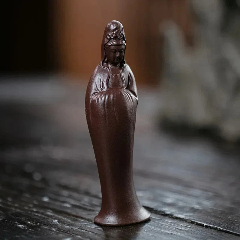 10cm Chinese Yixing Purple Clay Handmade Guanyin Buddha Statue Tea Pet Ornament 07FC0E-D4 - KOEEK