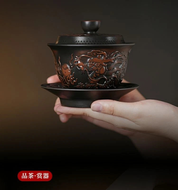 Handcrafted Vintage San Cai Dragon Lidded Tea Bowl Gongfu Tea Set Home 07FC0E-D4 - KOEEK