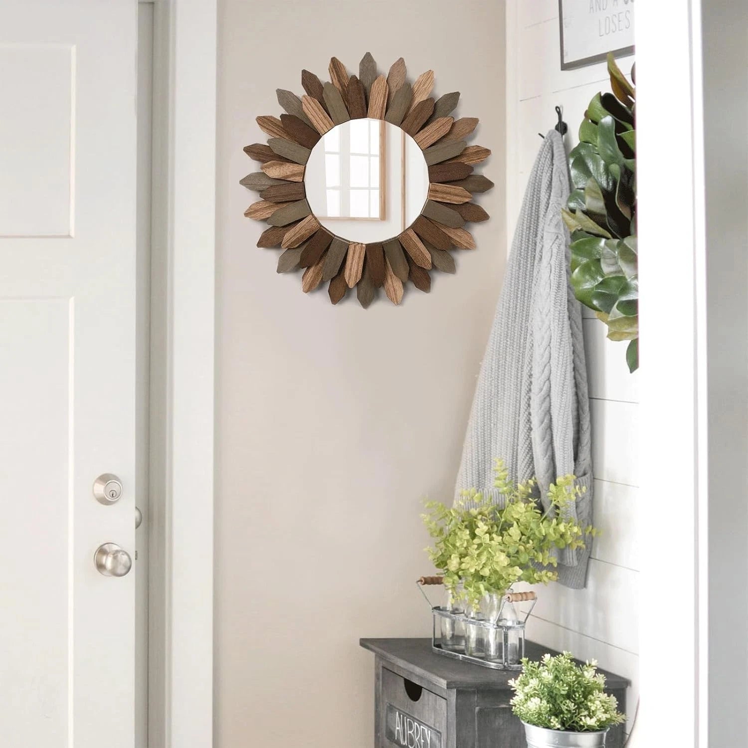 Boho Wall Decor 12 inch Decorative Mirror with Rustic Wood Sunburst Frame 07FC0E-D4 - KOEEK