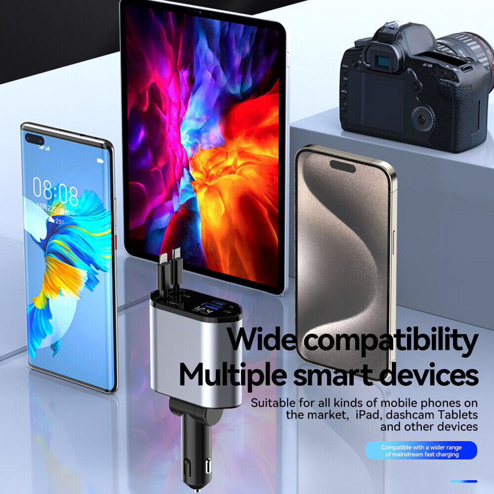 new 4 IN 1 Retractable Car Charger Cable Dual Port USB C PD Fast Charging Adapter koeek - KOEEK