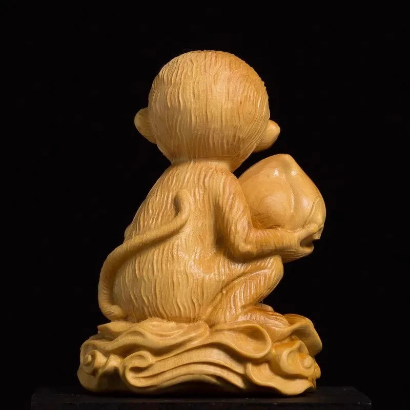 9cm Exquisitely Boxwood Handcarved Cute Monkey Holding Peach Tea Pet Ornament 07FC0E-D4 - KOEEK