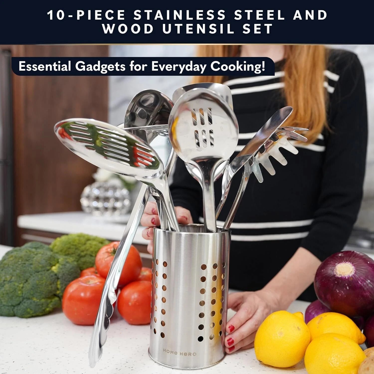 10 Pcs Stainless Steel Kitchen Utensils Set-Wood Handle Nonstick Stainless Steel 07FC0E-D4 - KOEEK