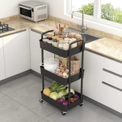 3-Tier Plastic Rolling Utility Cart with Handle,Multi-Functional Storage Trolley 07FC0E-D4 - KOEEK