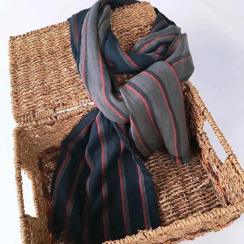 Mens  Cotton Striped Breathable Casual Scarf 2.2m Long Neckerchief Shawl 07FC0E-D4 - KOEEK