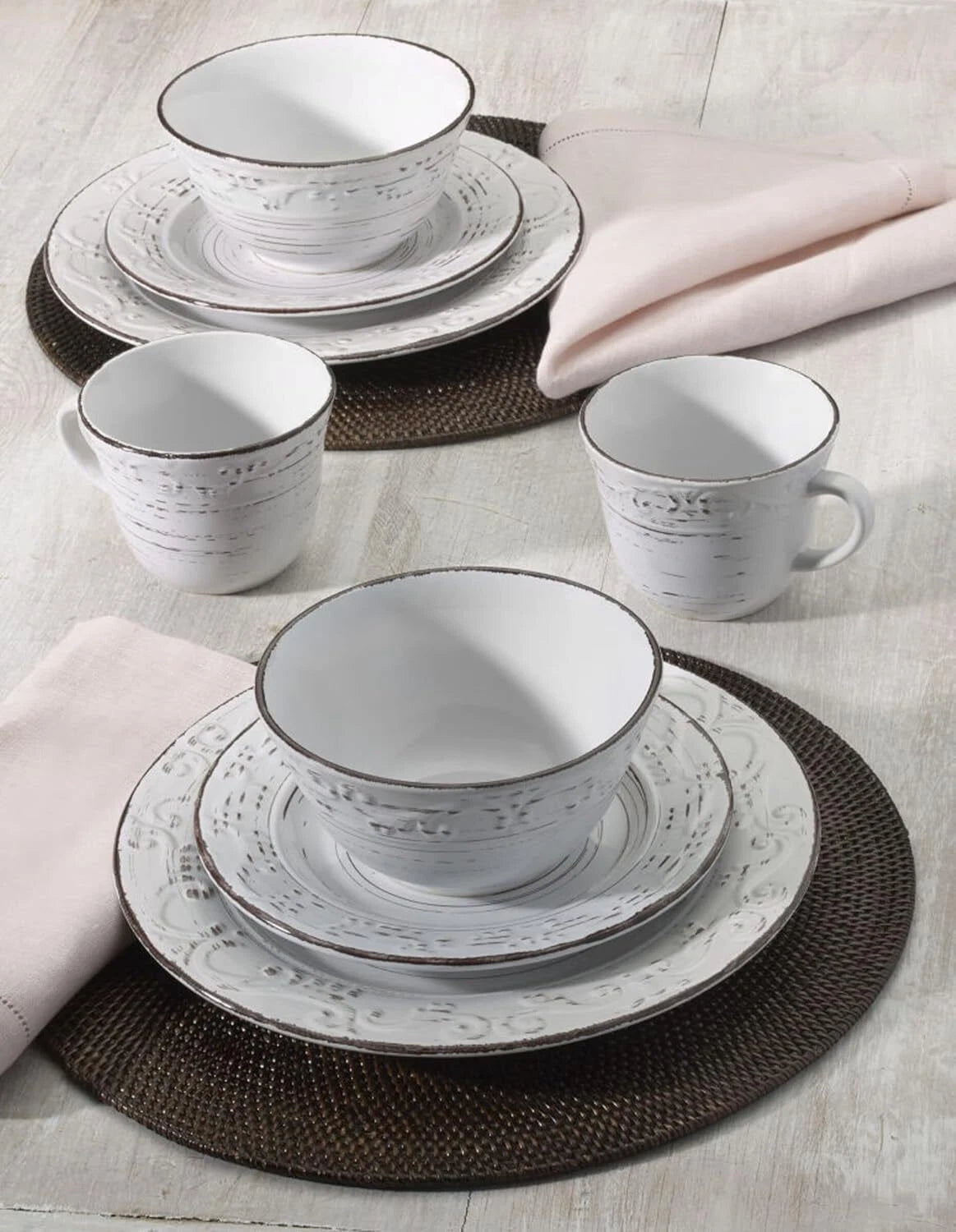 White 16-Piece Dinnerware Set, Serves 4, White Embossed 07FC0E-D4 - KOEEK