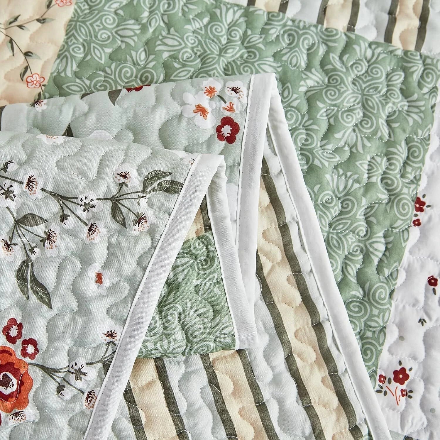 Patchwork Quilt Set Queen Size, 3 Pieces Green Floral Plaid Summer Coverlet Set 07FC0E-D4 - KOEEK
