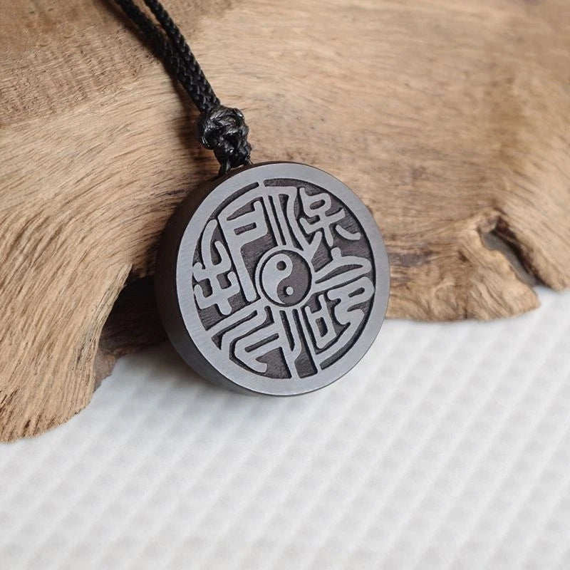 Ebony Wood Xiantian Bagua Round Pendant Necklace Taoist Amulet Zitan 07FC0E-D4 - KOEEK