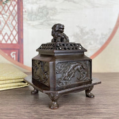 Chinese Style Four Beasts Incense Burner Set Bronze Tone With Lid Decor 07FC0E-D4 - KOEEK