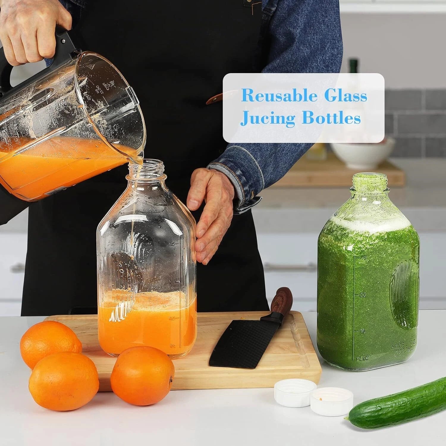 4 Pack 2 Qt Glass Milk Bottles with Handle and Airtight Reusable Screw Lids 07FC0E-D4 - KOEEK