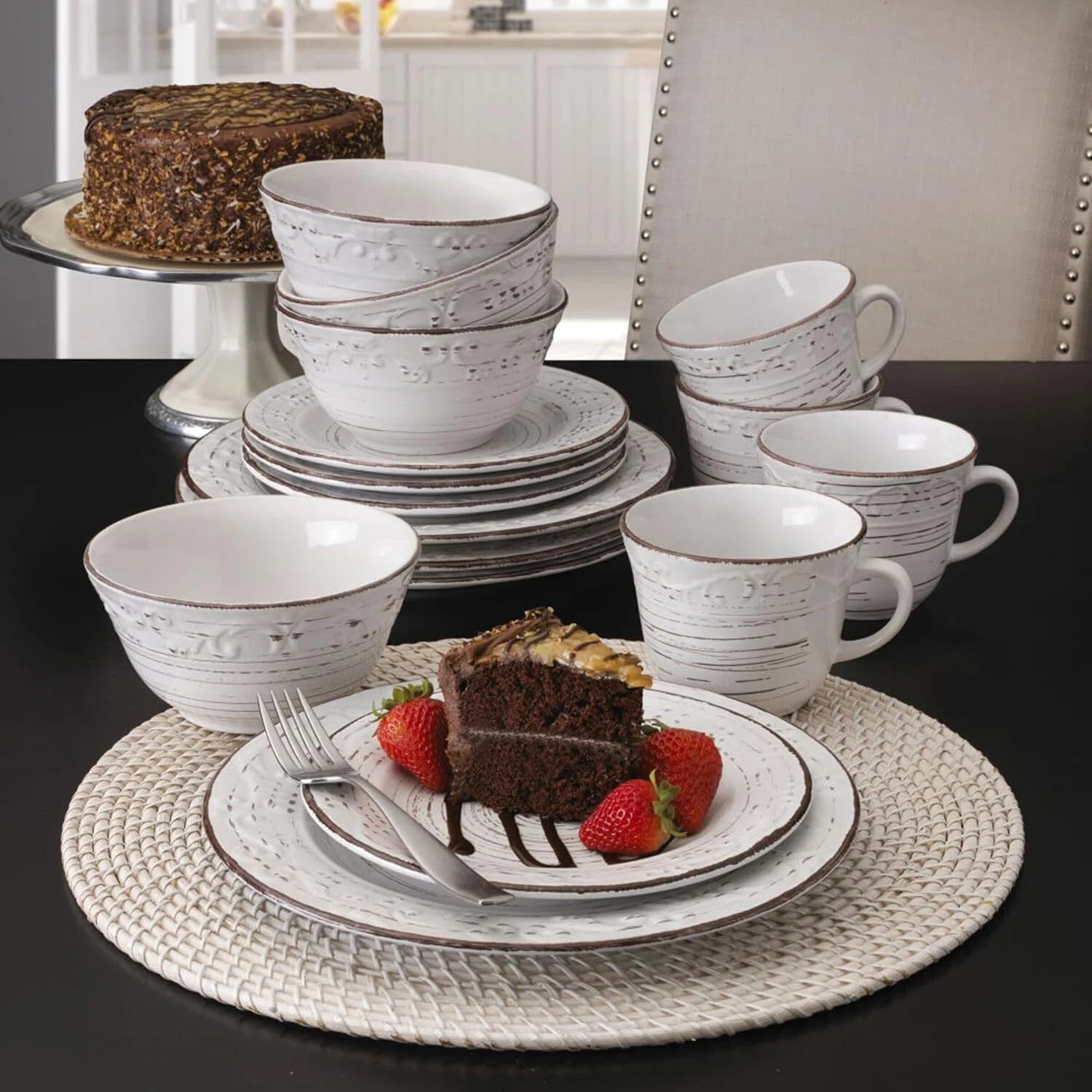 White 16-Piece Dinnerware Set, Serves 4, White Embossed 07FC0E-D4 - KOEEK