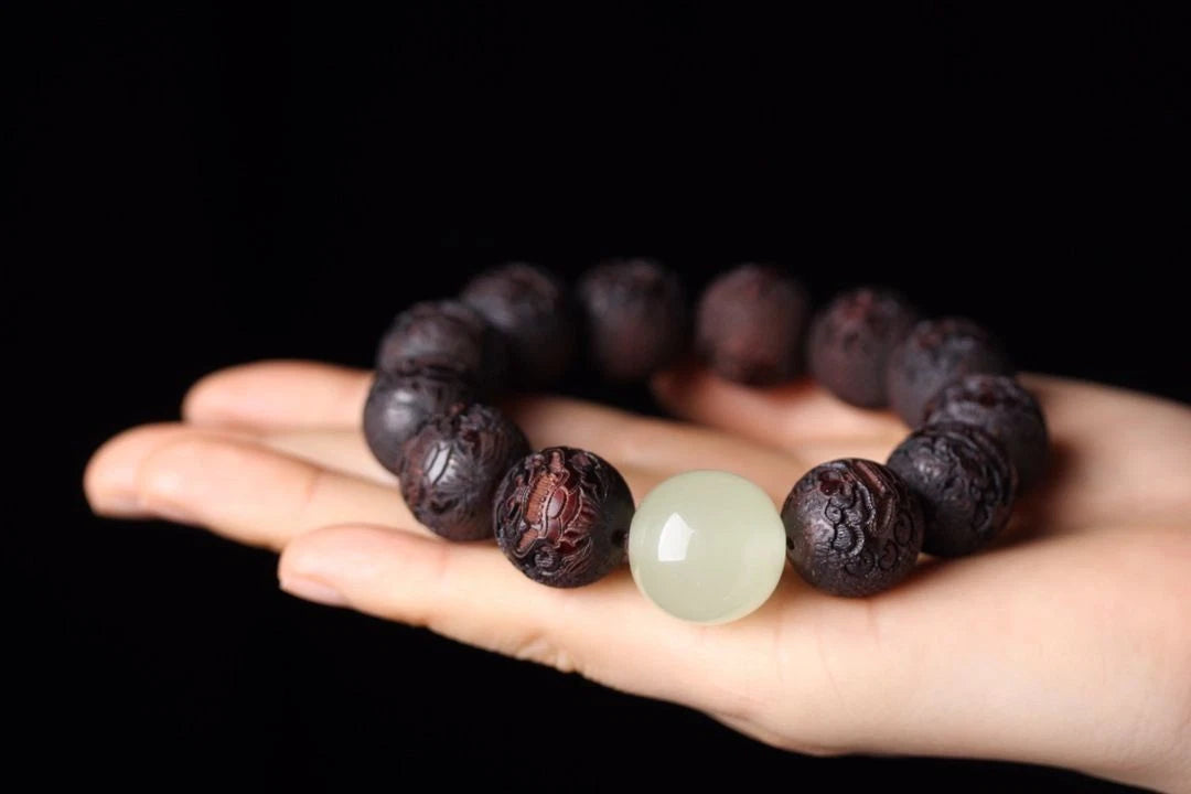 18mm Moonstone Pixiu Carved Beads Bracelet Rosewood Buddhist Prayer Jewelry 07FC0E-D4 - KOEEK