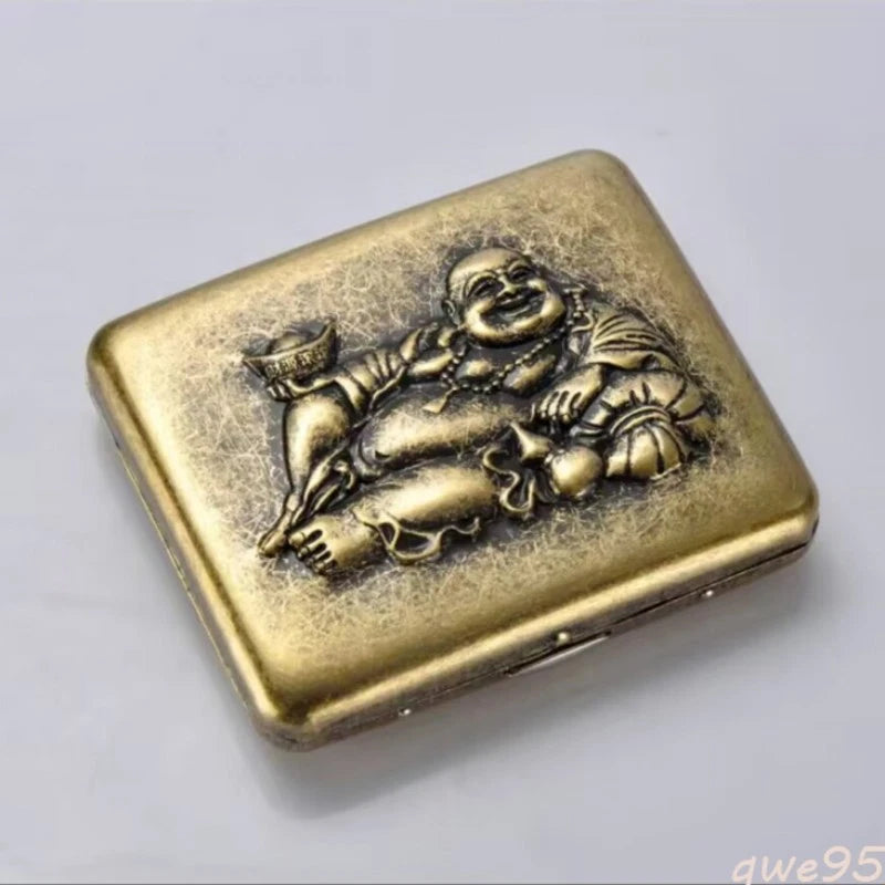 3.7" Antique Metal for Maitreya Buddha Cigarette Case Hand Carved 20 Cigarettes 07FC0E-D4 - KOEEK
