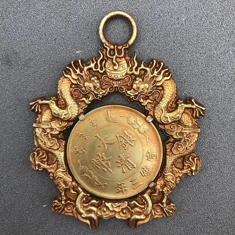 Gilding Pendant Double Dragon Copper Gilding Ornaments Gold Auspicious Pendant 07FC0E-D4 - KOEEK