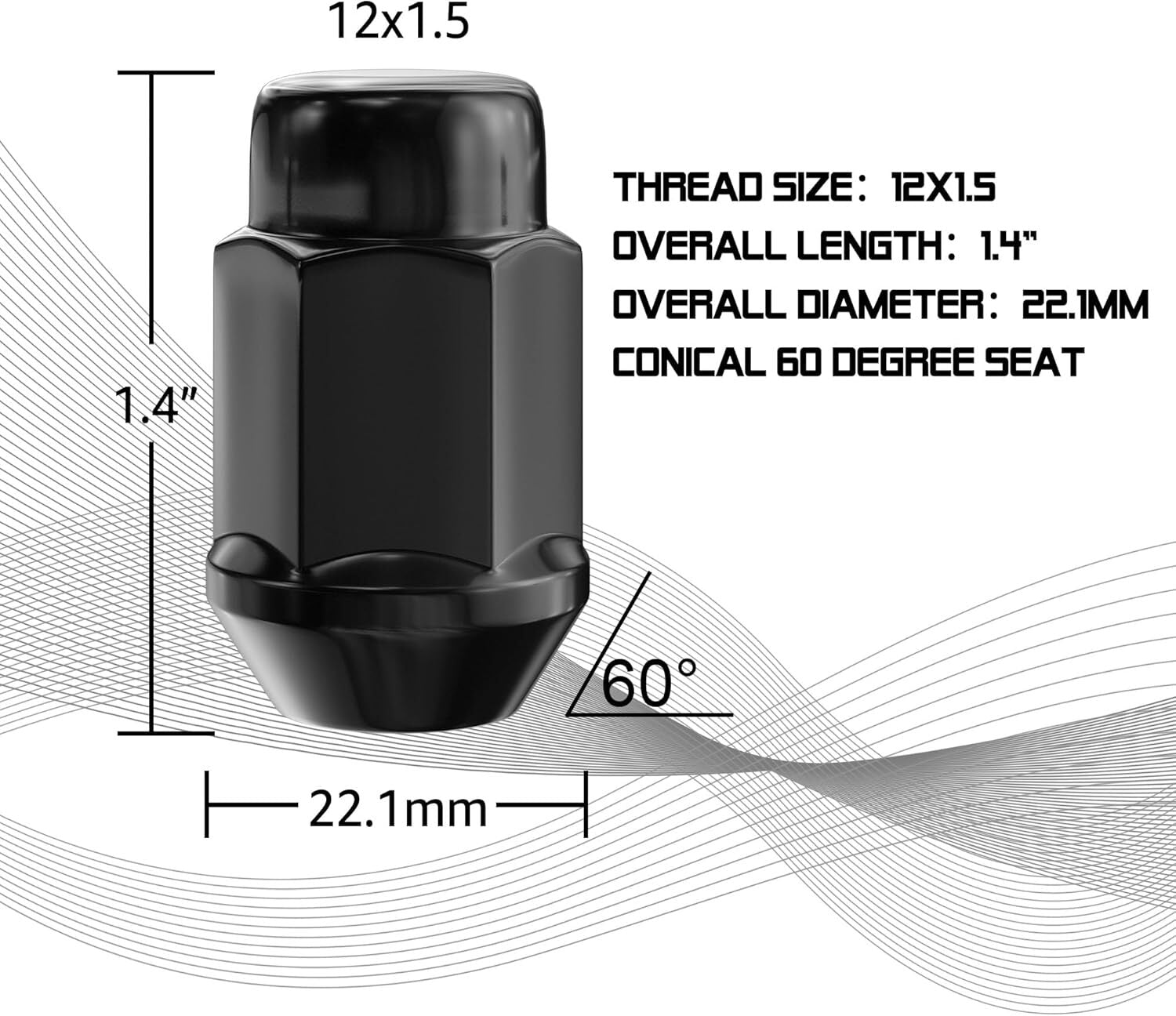 new 20PCS 1.4 inch 12x1.5 Closed End Bulge Acorn Black Lug Nuts - inch, 07FC0E-D4 - KOEEK