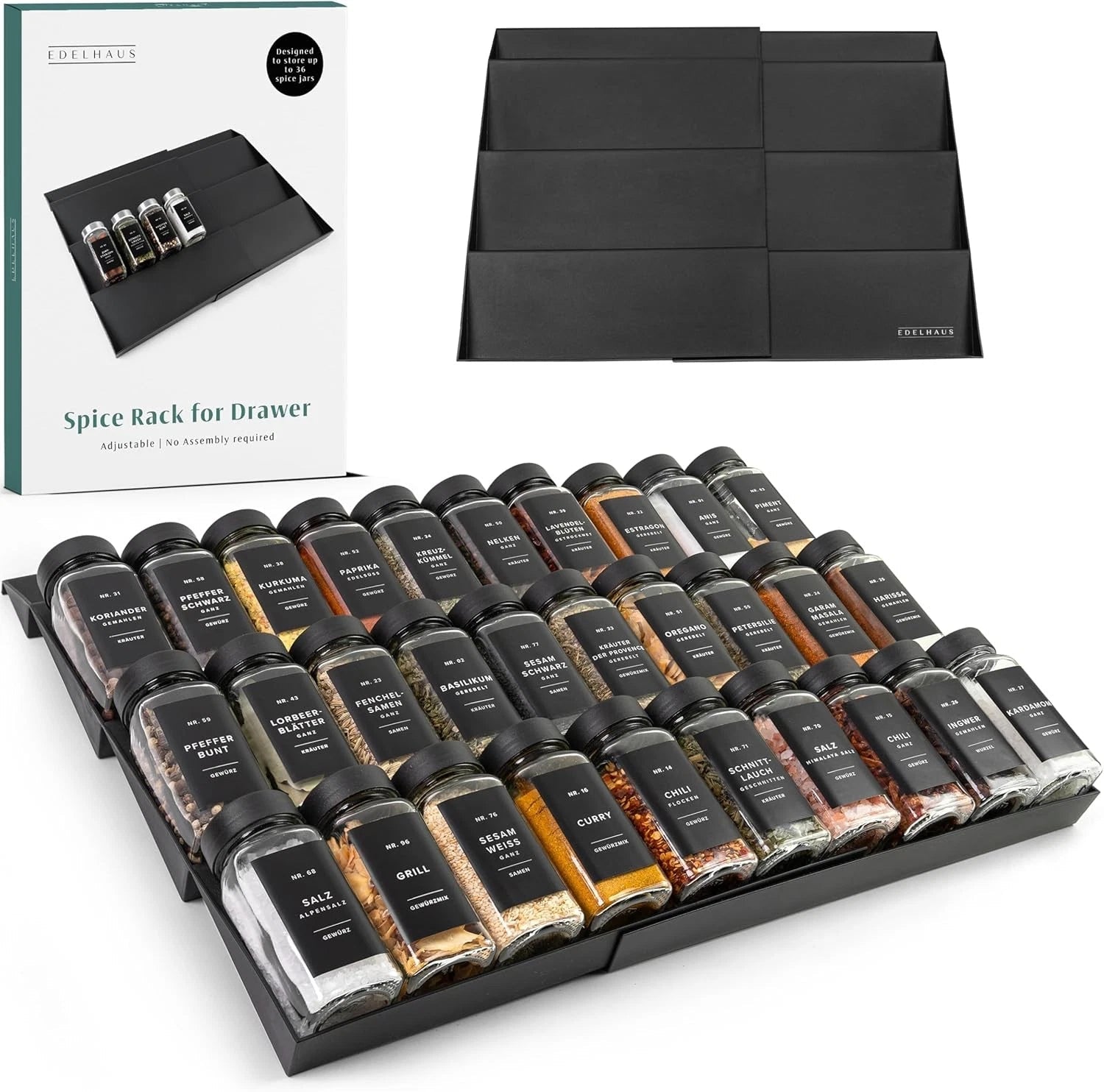 Spice Drawer Organizer - Expandable Spice Rack for Drawer, Black Seasoning 07FC0E-D4 - KOEEK