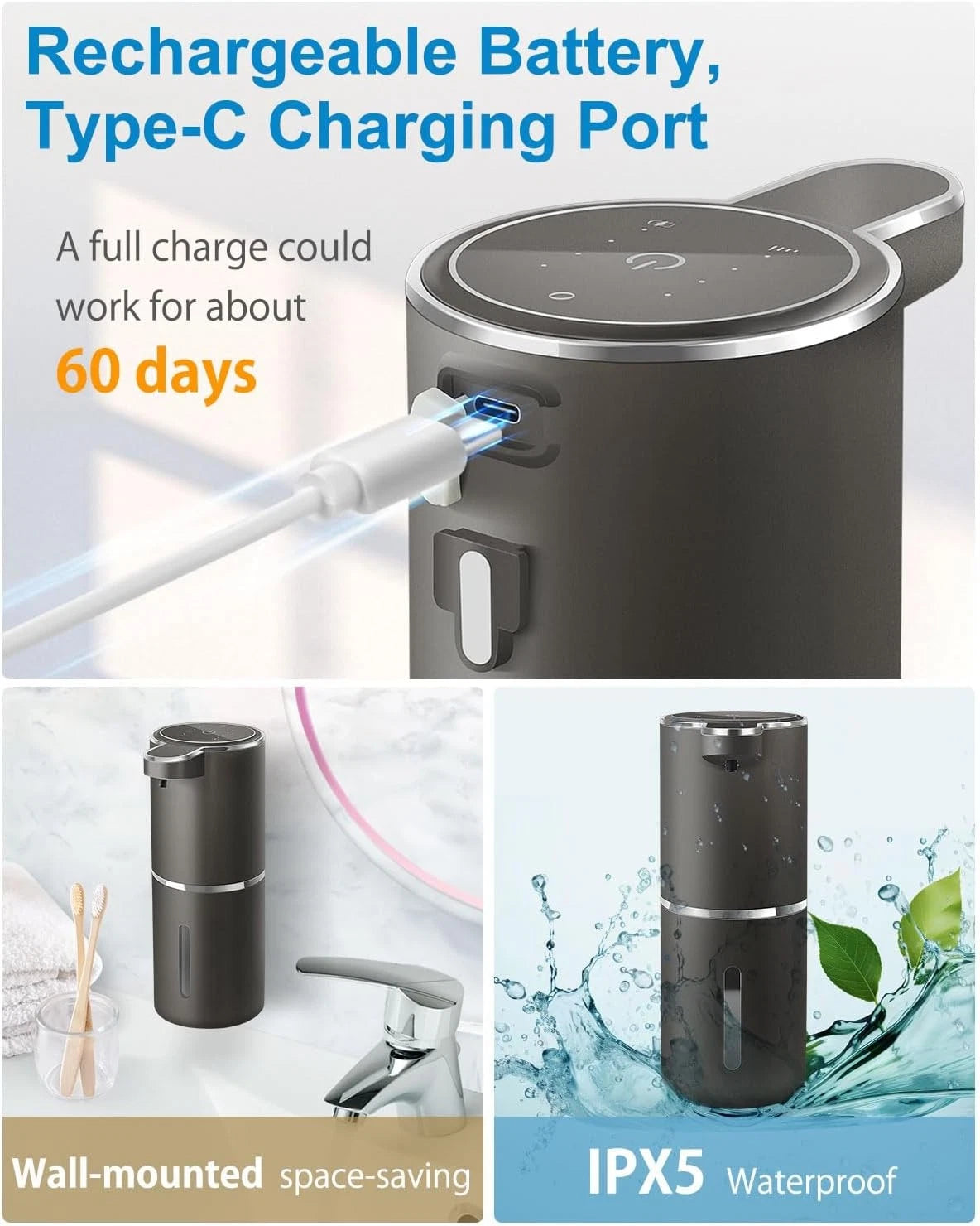 Automatic Foam Hand Sanitizer Dispenser, USB Rechargeable, 12.8 oz/380 ml 07FC0E-D4 - KOEEK