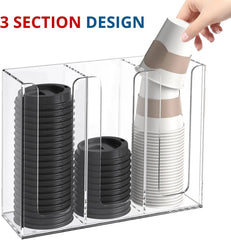 Acrylic Cup and Lid Holder, 3 Compartments, Disposable Coffee Cup Dispenser