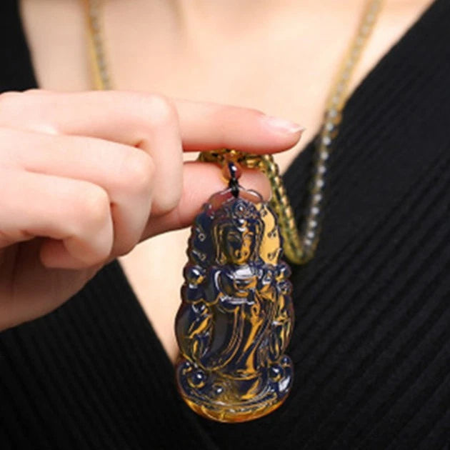 Dominican Blue Resin Guanyin Pendant Necklace Natural Resin Jewelry For Women 07FC0E-D4 - KOEEK