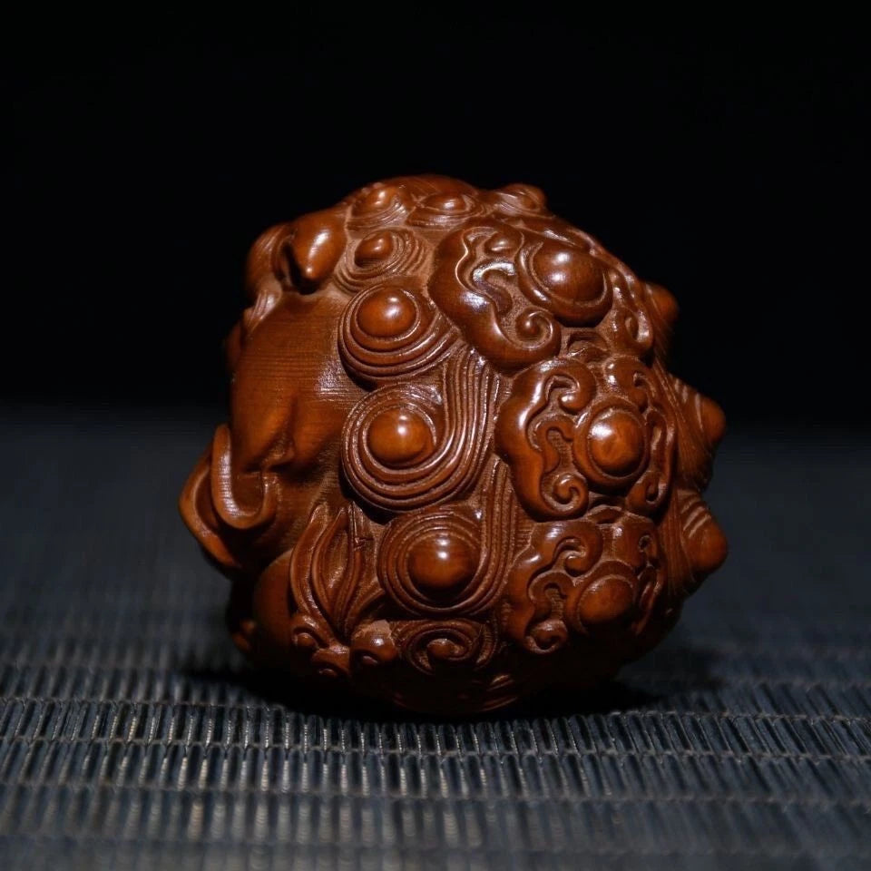 Boxwood Wood Carved Pixiu Holding Ball 6cm Handheld Worry Piece Car Pendant 07FC0E-D4 - KOEEK