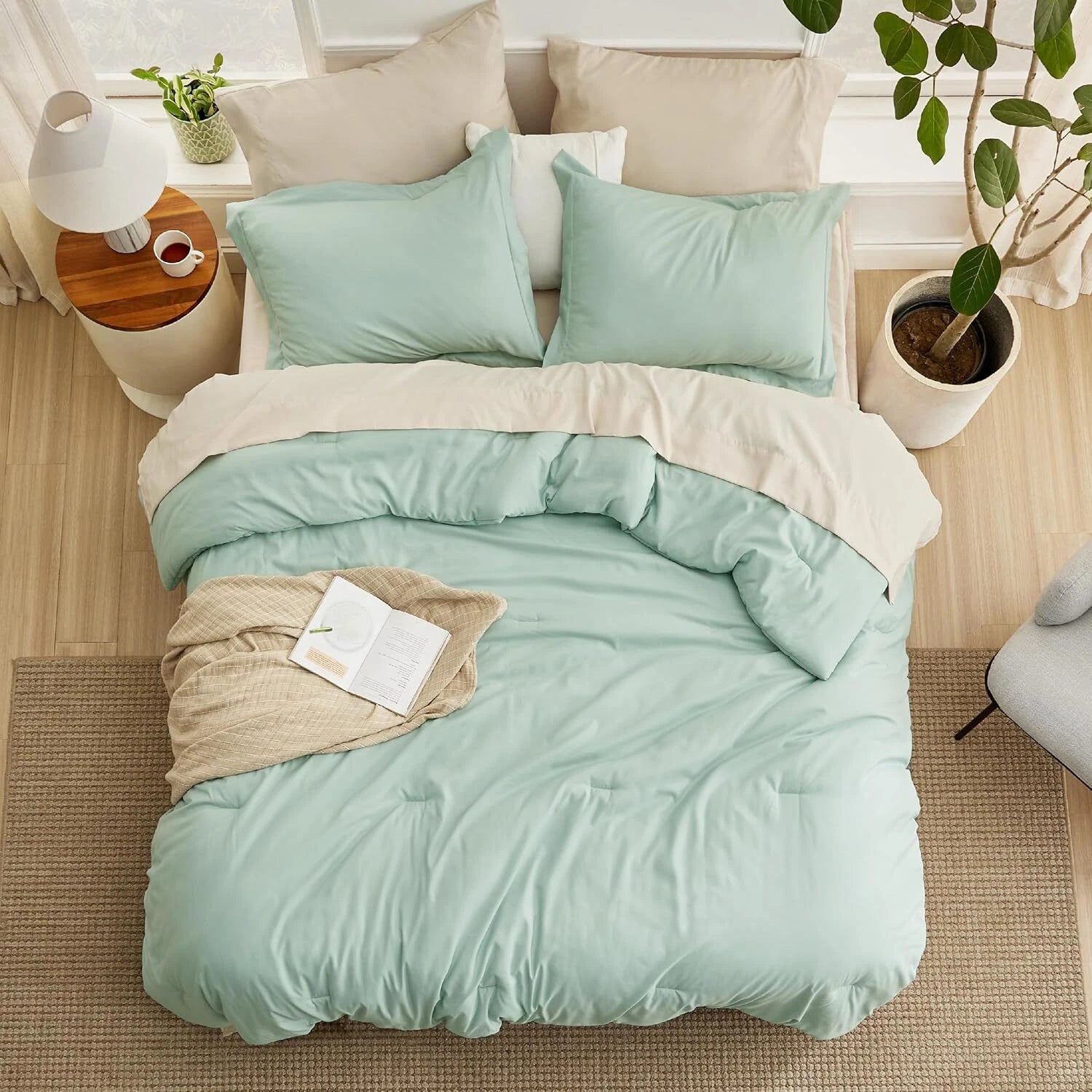King Size Sage Green Comforter Set, 7 Piece Lightweight King Size Bedding Set 07FC0E-D4 - KOEEK