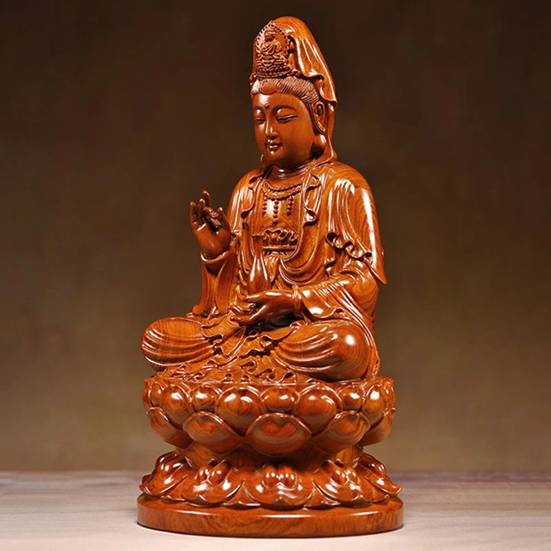 Pear Wood Sitting Lotus Guanyin Bodhisattva Buddha Ornament Engrave Arts Crafts 07FC0E-D4 - KOEEK