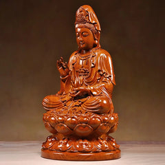 Pear Wood Sitting Lotus Guanyin Bodhisattva Buddha Ornament Engrave Arts Crafts 07FC0E-D4 - KOEEK