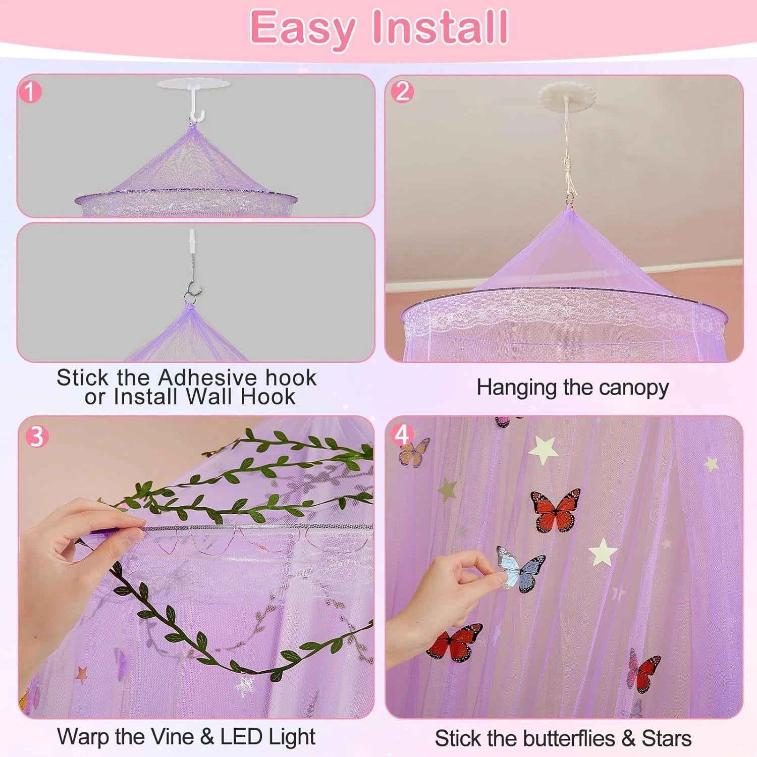 Bed Canopy for Girls Room Bed Canopy Curtains with Led Lights Mosquito Net DIY 07FC0E-D4 - KOEEK
