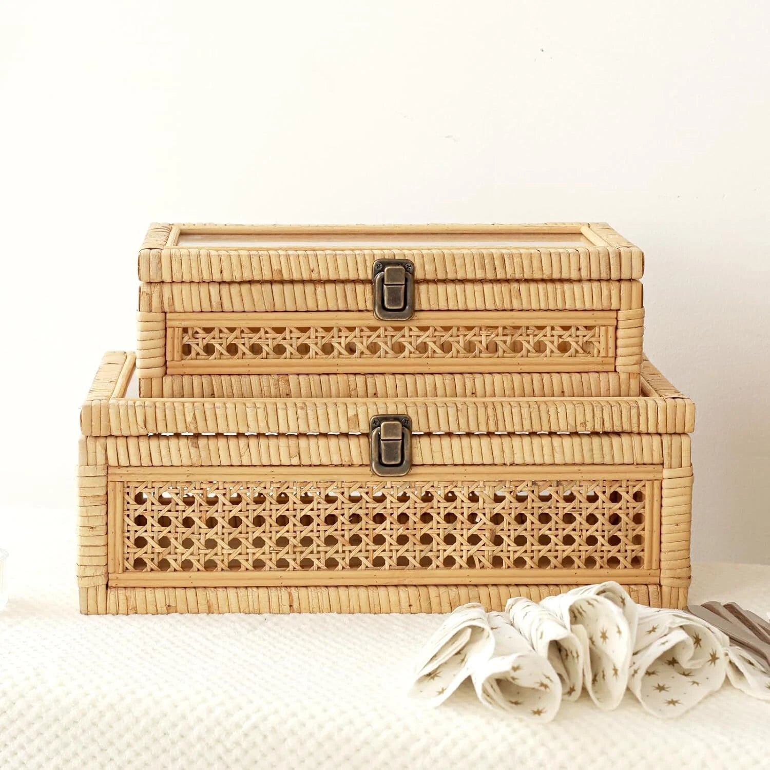 Rattan Strip Stacking Box with Glass Top - Set of 2 07FC0E-D4 - KOEEK