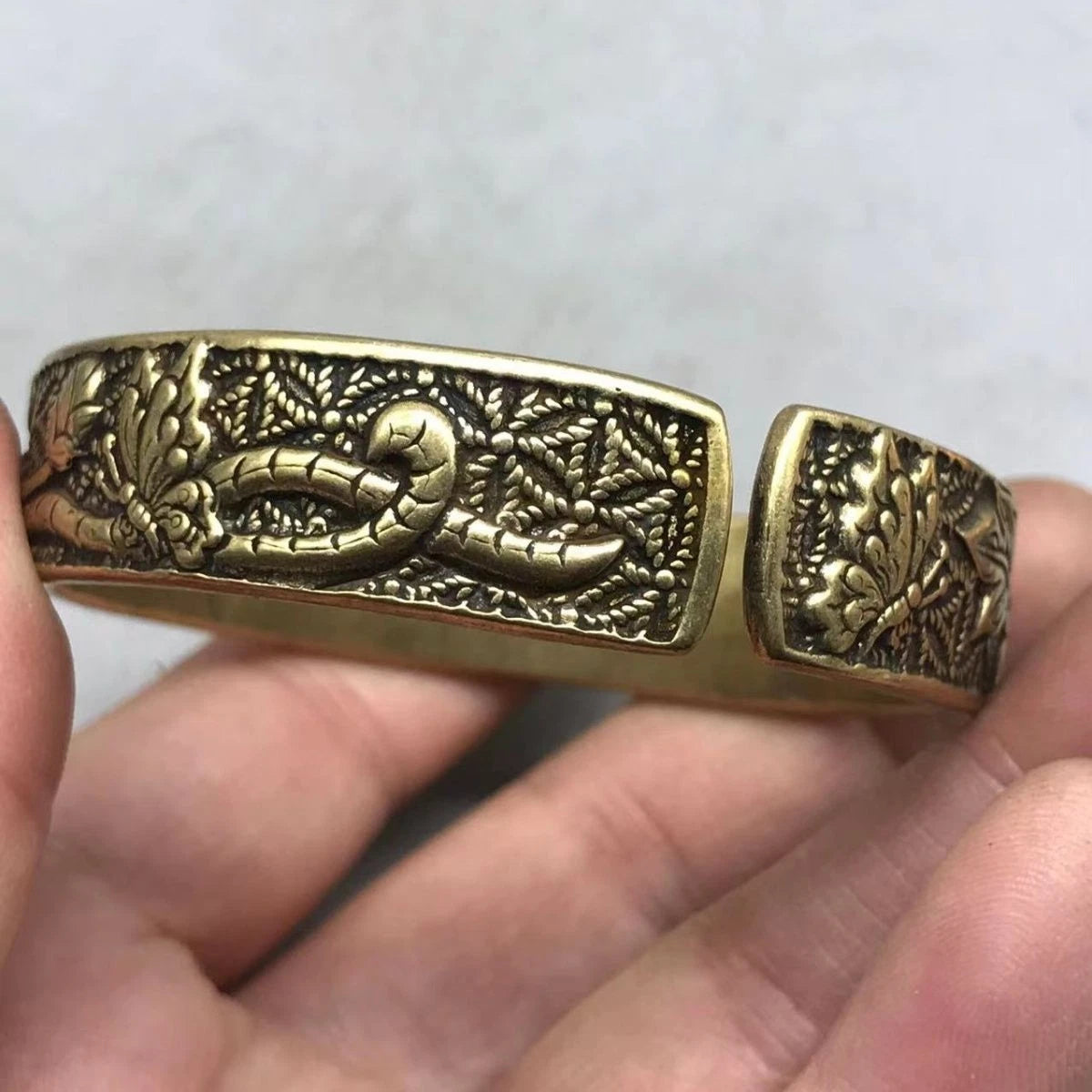 Brass Wide Peony Bangle Pure Copper Vintage Smooth Open Bracelet Unisex 07FC0E-D4 - KOEEK