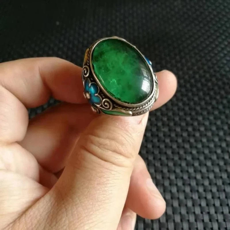 Chinese Vintage Tibetan Silver Green Zircon Adjustable Amulet Rings Collection 07FC0E-D4 - KOEEK