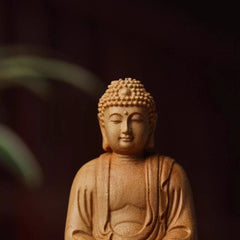 8cm Tathagata Buddha Statue Cliff Cypress Wood Handmade Carve Handicraft 07FC0E-D4 - KOEEK