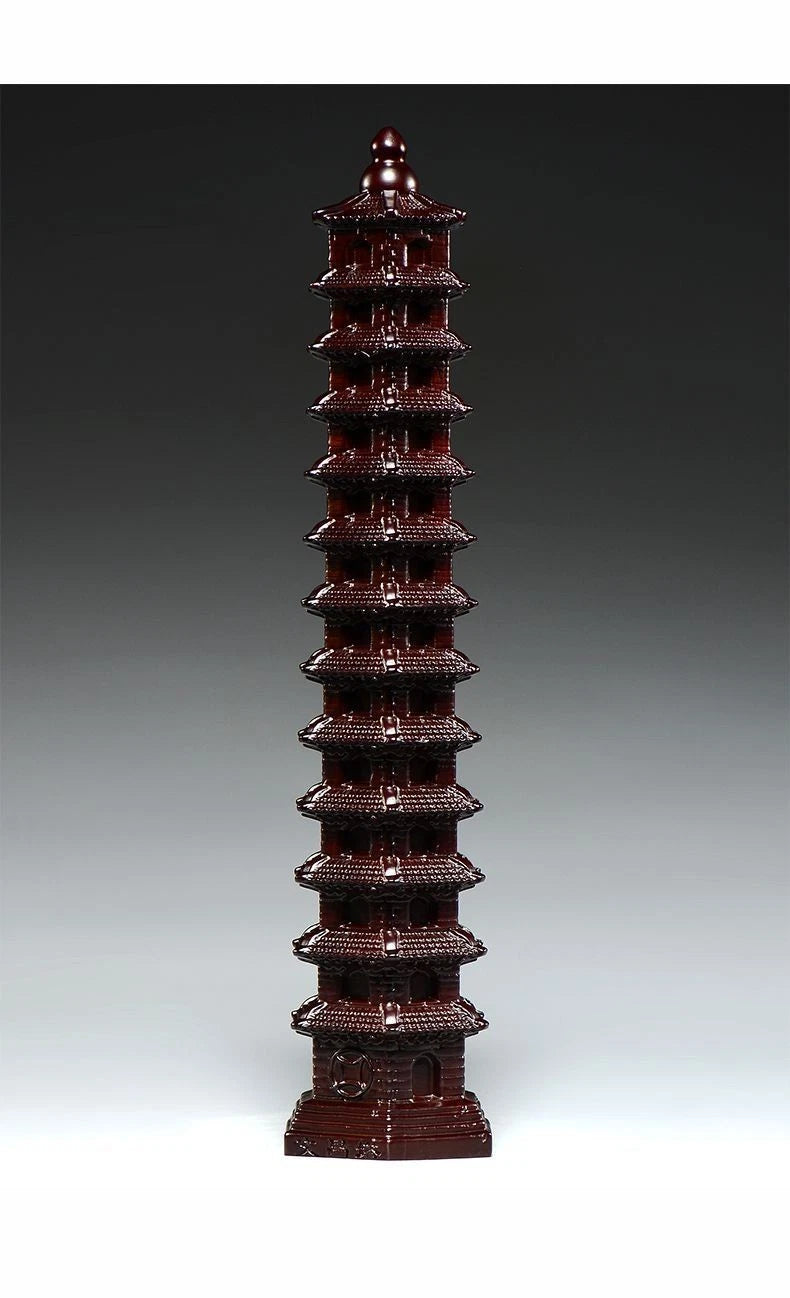 Ebony Wood Wenchang Pagoda 15cm Hand Carved Desk Home Office Decor Ornament 07FC0E-D4 - KOEEK