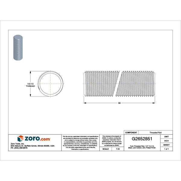 new Zoro Select Tri20500lhx3-012P Fully Threaded Rod, 1/2"-13, 3 Ft, Steel, Low