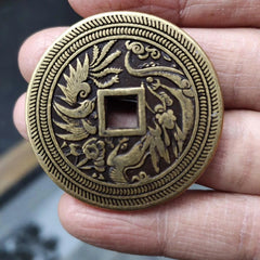 43mm Old Copper 长命富贵 Coin Chinese Dragon Phoenix Brass Collect  Pendant 07FC0E-D4 - KOEEK