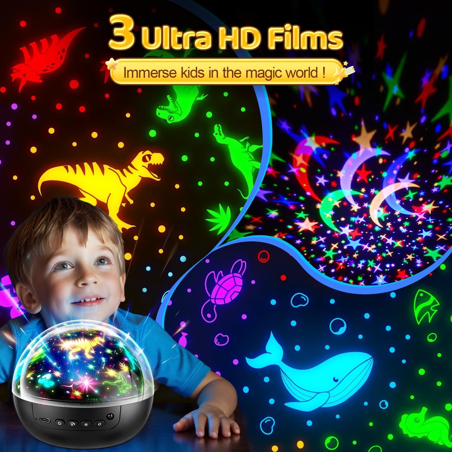 new Kids Night Light Projector for Room, Remote+3 Films+93 Effect Black
