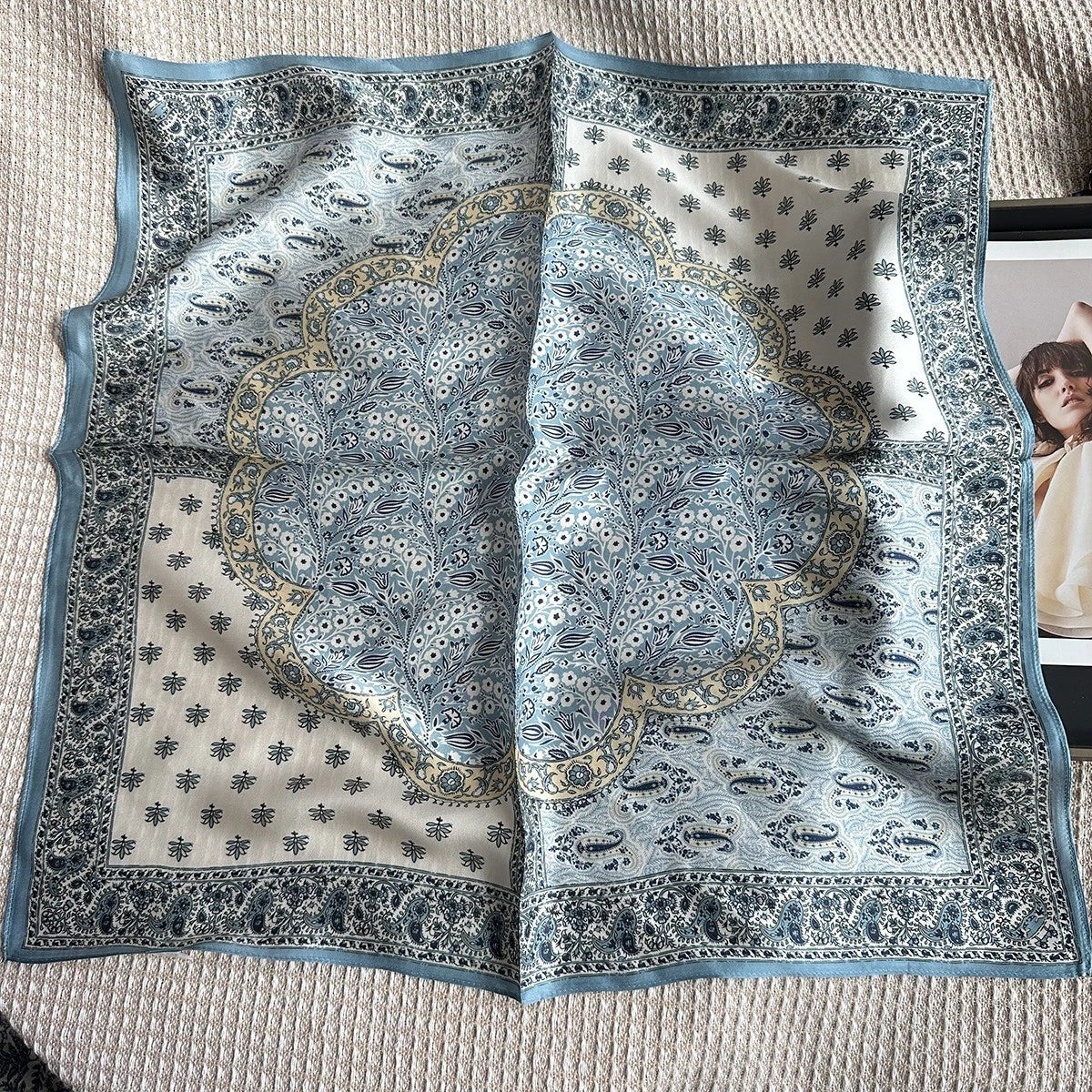 Silk Square Scarf 65*65cm Women Blue Paisley Flower Kerchief Headscarf Wrap 07FC0E-D4 - KOEEK