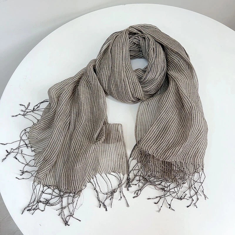 Womens Blue Pinstripe Tasseled Scarf Unisex Soft Flax Linen Bandana Wrap Scarves 07FC0E-D4 - KOEEK