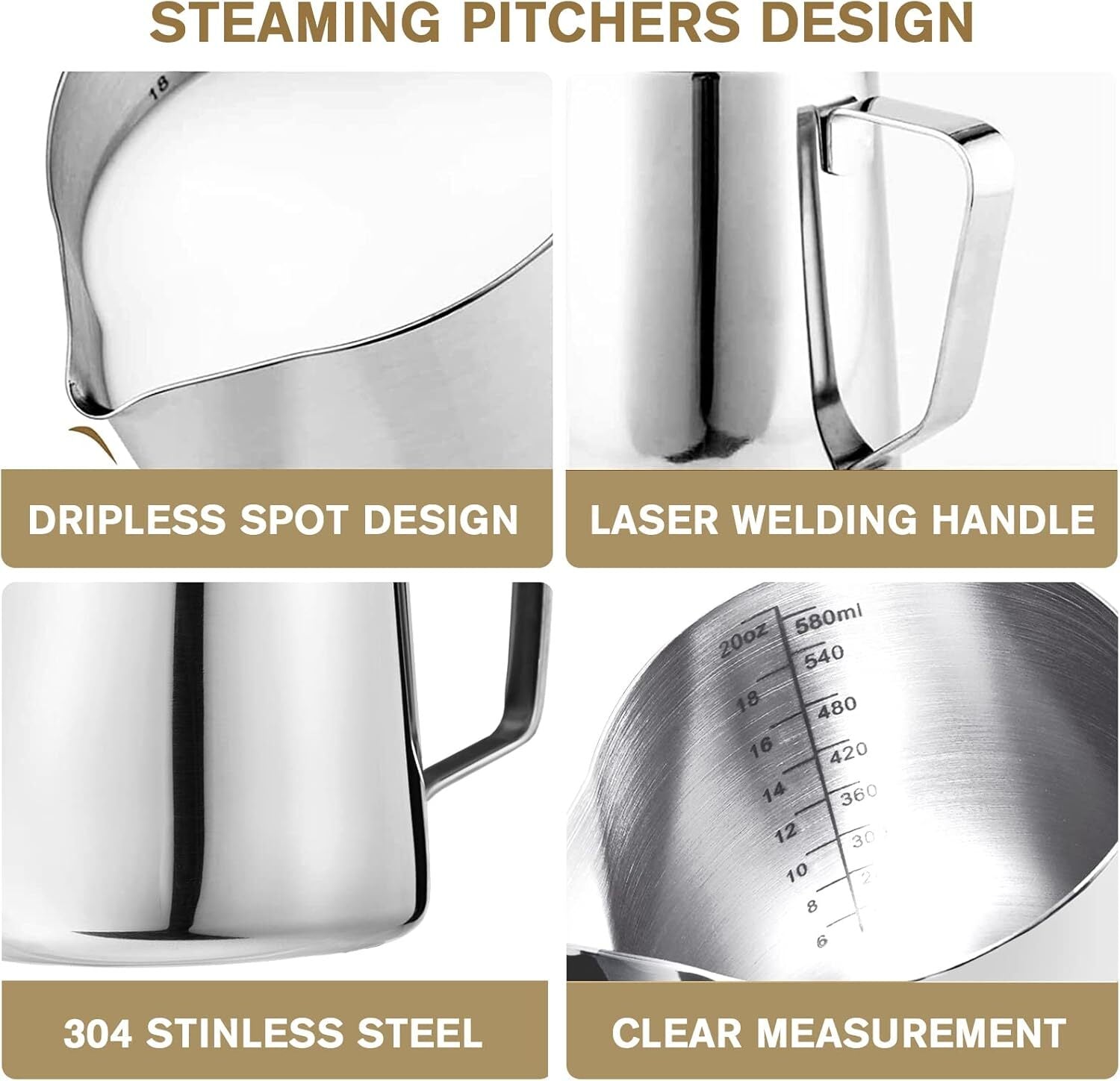 new Milk Frothing Pitchers 20 oz, Stainless Steel Espresso Steaming 20oz, Silver 07FC0E-D4 - KOEEK