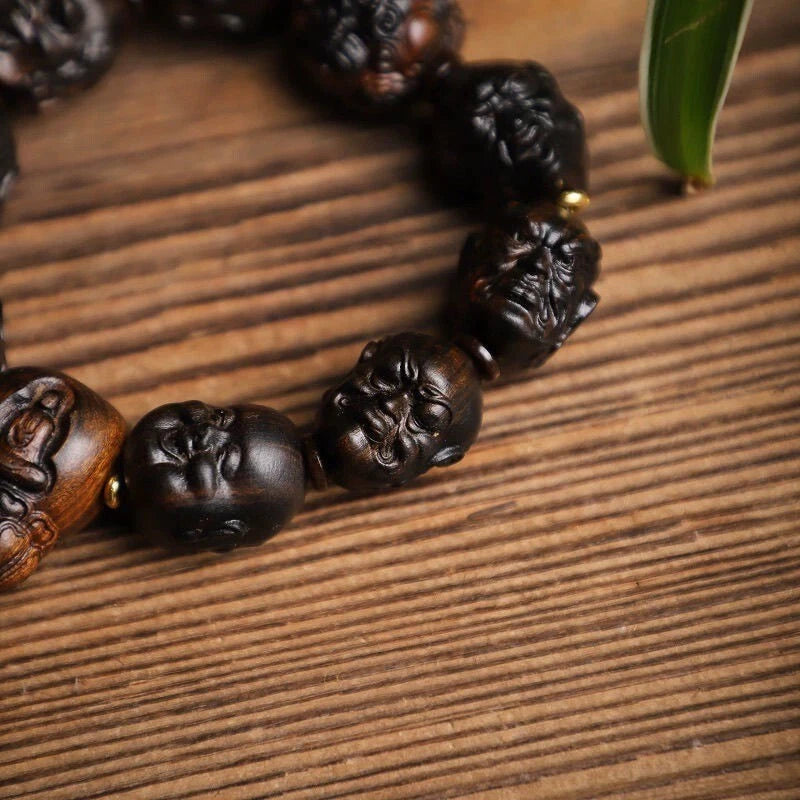 Natural Agarwood Prayer Beads Eighteen Arhats Carving Men Woman Buddha Bracelet 07FC0E-D4 - KOEEK