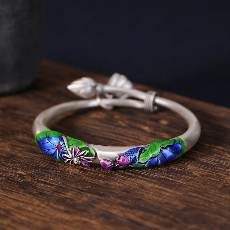 Ladies' Retro Cloisonn É Koi Lotus Push Pull Enamel Bracelet 07FC0E-D4 - KOEEK