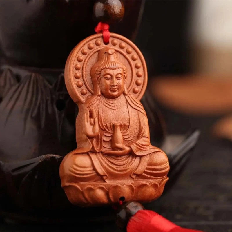 Peach Wood Handcarved Buddha Statue Tassel Amulet Pendant Guanyin Keychain 07FC0E-D4 - KOEEK