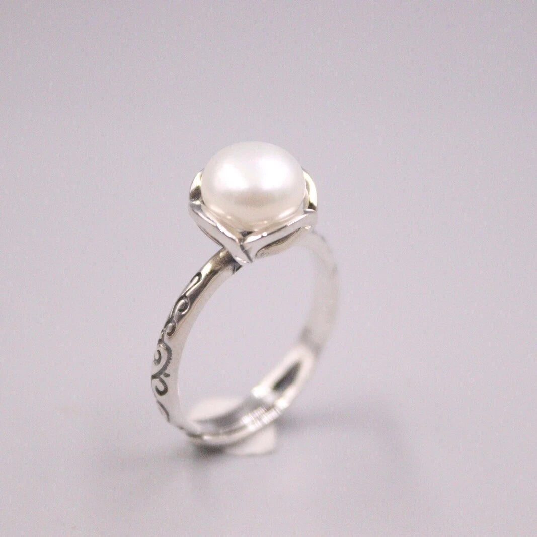 Solid 925 Sterling Silver Ring With Pearl For Woman Size 6-9 10mm Width 07FC0E-D4 - KOEEK