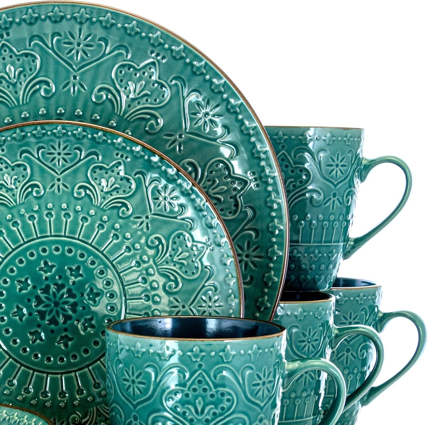 Round Stoare Cameo Dinnerware Set, 16 Piece, Ocean Teal and Green 07FC0E-D4 - KOEEK