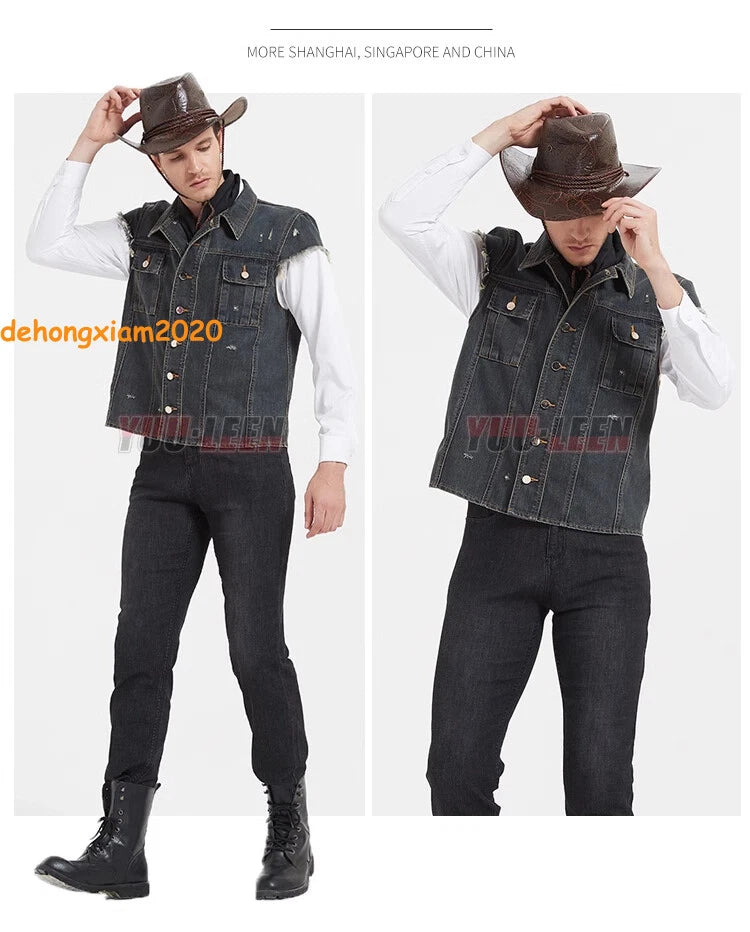 John Marston Denim Vest Cosplay Costume Men's Vest Short Sleeves RDR2 Outfit 07FC0E-D4 - KOEEK