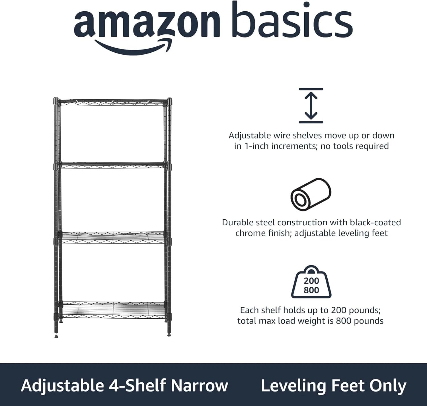 4 Wire Storage Shelves, Adjustable, Sturdy, Easy to Assemble, Black 07FC0E-D4 - KOEEK