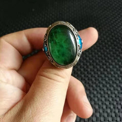 Chinese Vintage Tibetan Silver Green Zircon Adjustable Amulet Rings Collection 07FC0E-D4 - KOEEK